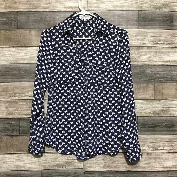 Express Portofino Shirt Women’s XS Navy Blue White Butterflies - Picture 3 of 7
